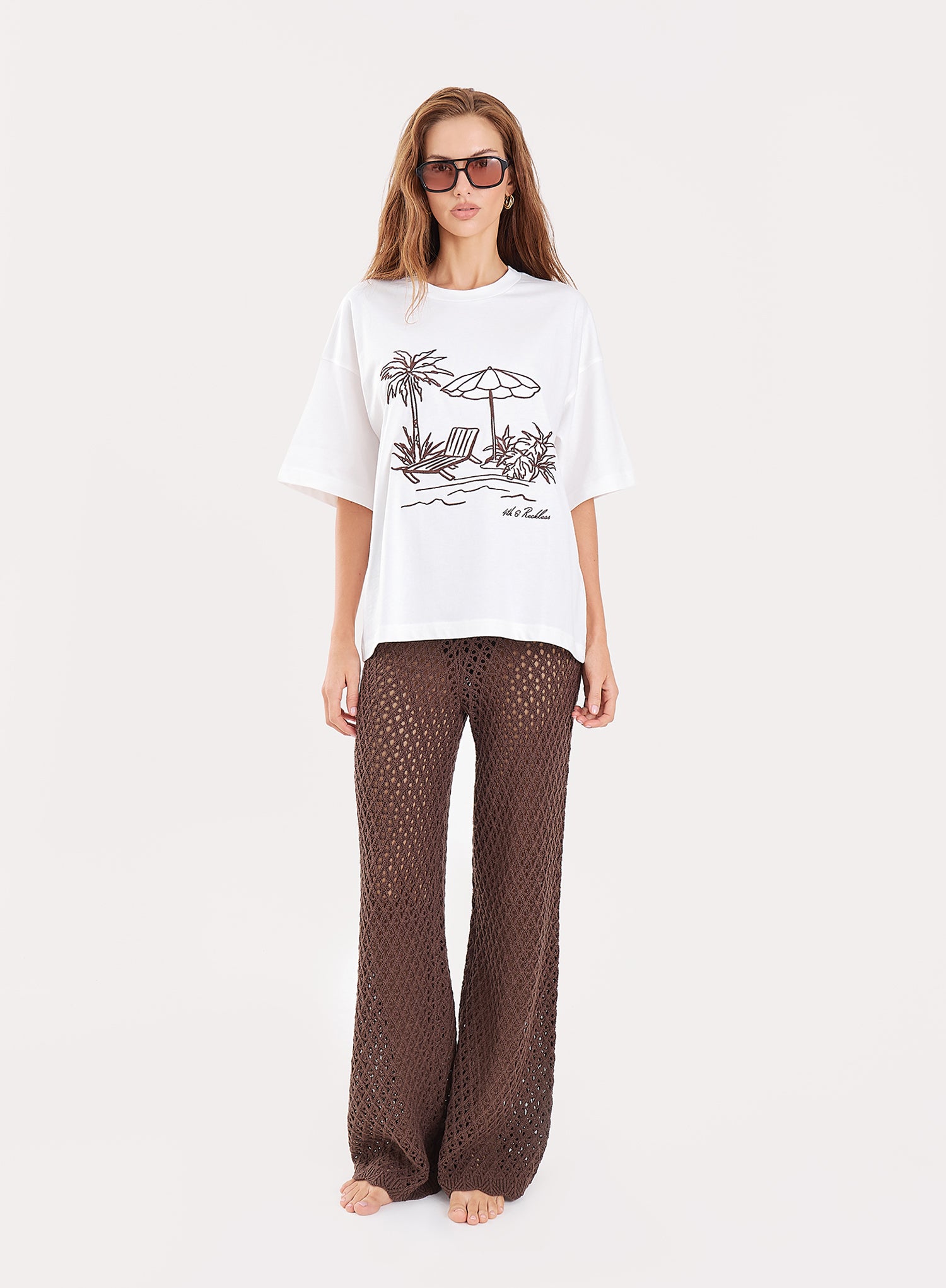 White Beach Embroidered Graphic Cotton T-Shirt